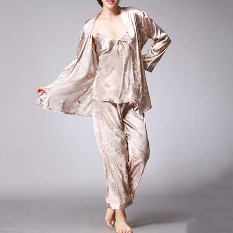 MARGOUN XL Pajamas For Women Set 3 Pcs Dragon Pattern Robes Silky Pj Sets Sleepwear Cami Nightwear With Robe And Pant TZ013 - Beige